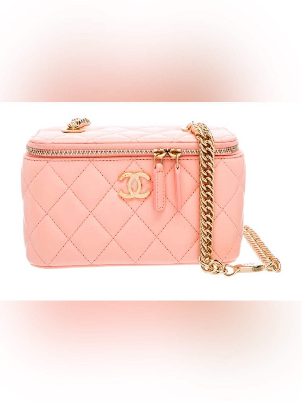 CHANEL Peach colored Quilted Vanity Crossbody with Gold Chain